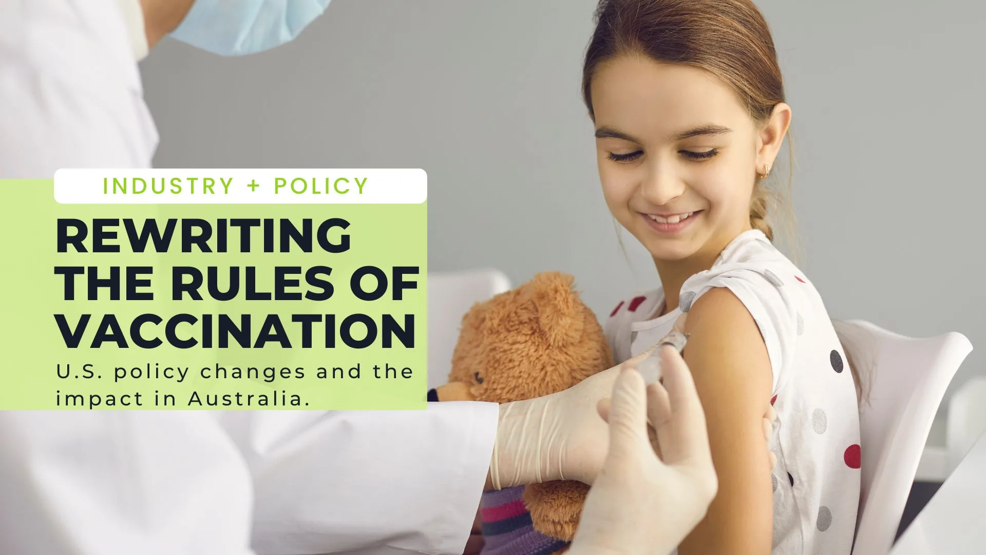 Young girl receiving a vaccination from a healthcare professional with overlay text discussing vaccination policy changes and public health impacts in Australia.