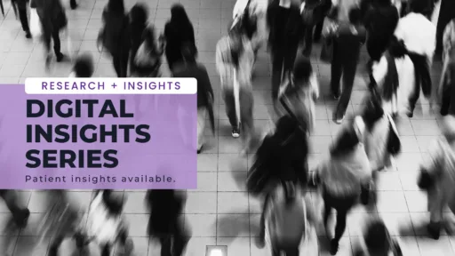 Blurred crowd movement background with overlay text promoting Cube’s Digital Insights Series focused on patient insights and healthcare audience understanding.