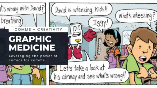 Illustrated comic-style healthcare scene with children learning about wheezing and respiratory health, promoting graphic medicine in healthcare communications.