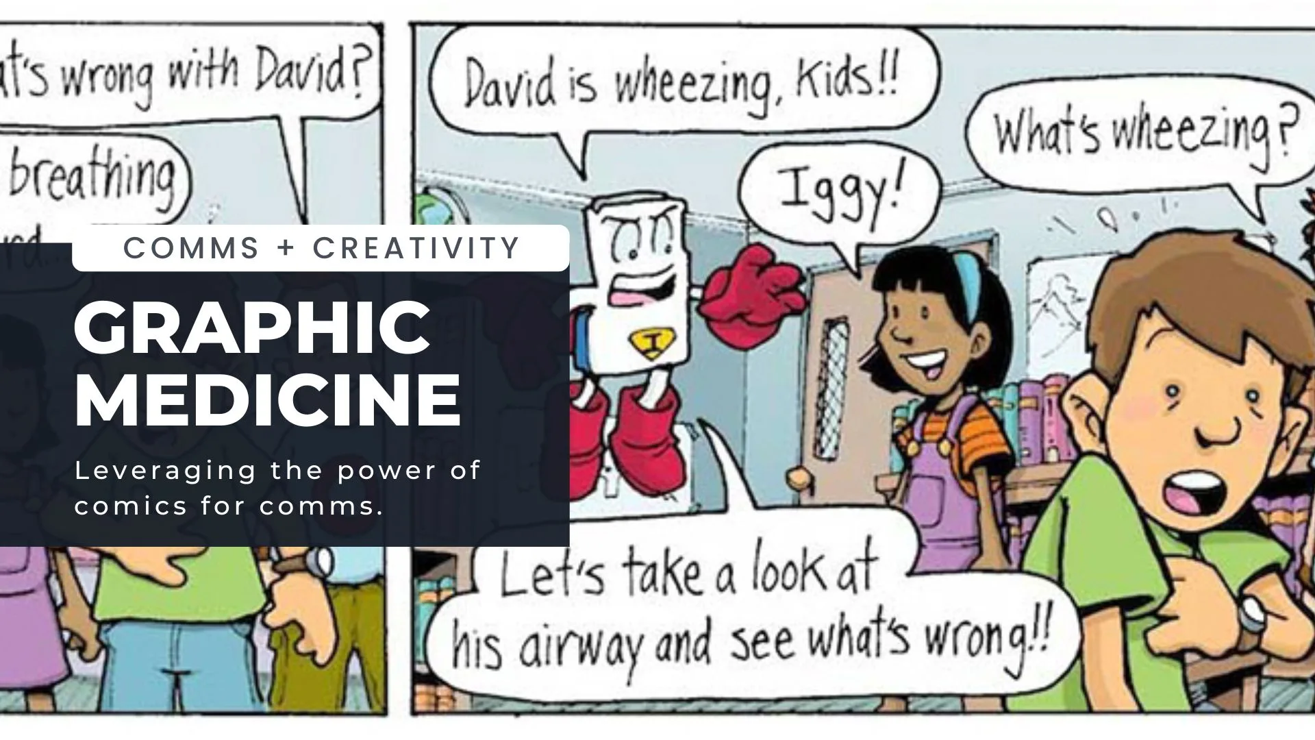Illustrated comic-style healthcare scene with children learning about wheezing and respiratory health, promoting graphic medicine in healthcare communications.